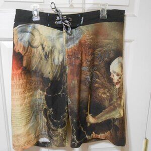 AFFLICTION MEN'S SIZE 34 BOARD SWIMWEAR SHORTS SKULL CHARM POCKET GRAPHIC DESIGN